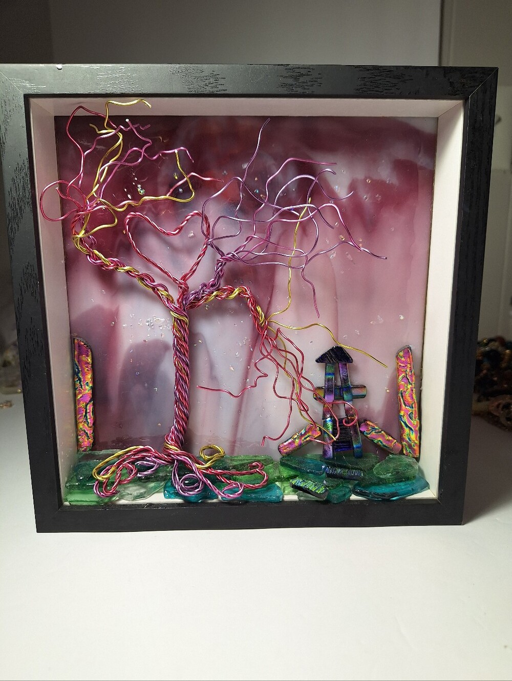 Hand crafted wire tree on fused glass, pink purple & gold in shadow box.
